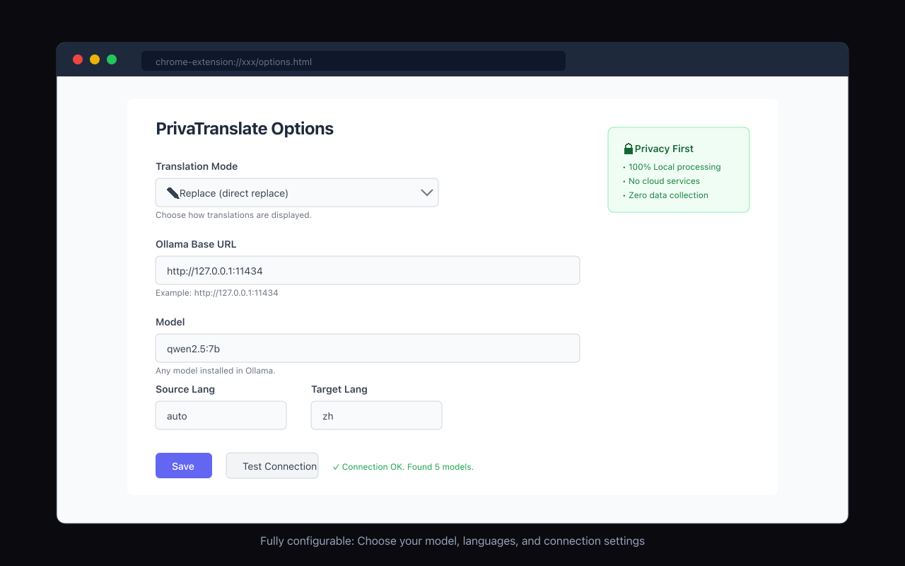 PrivaTranslate Settings Options
