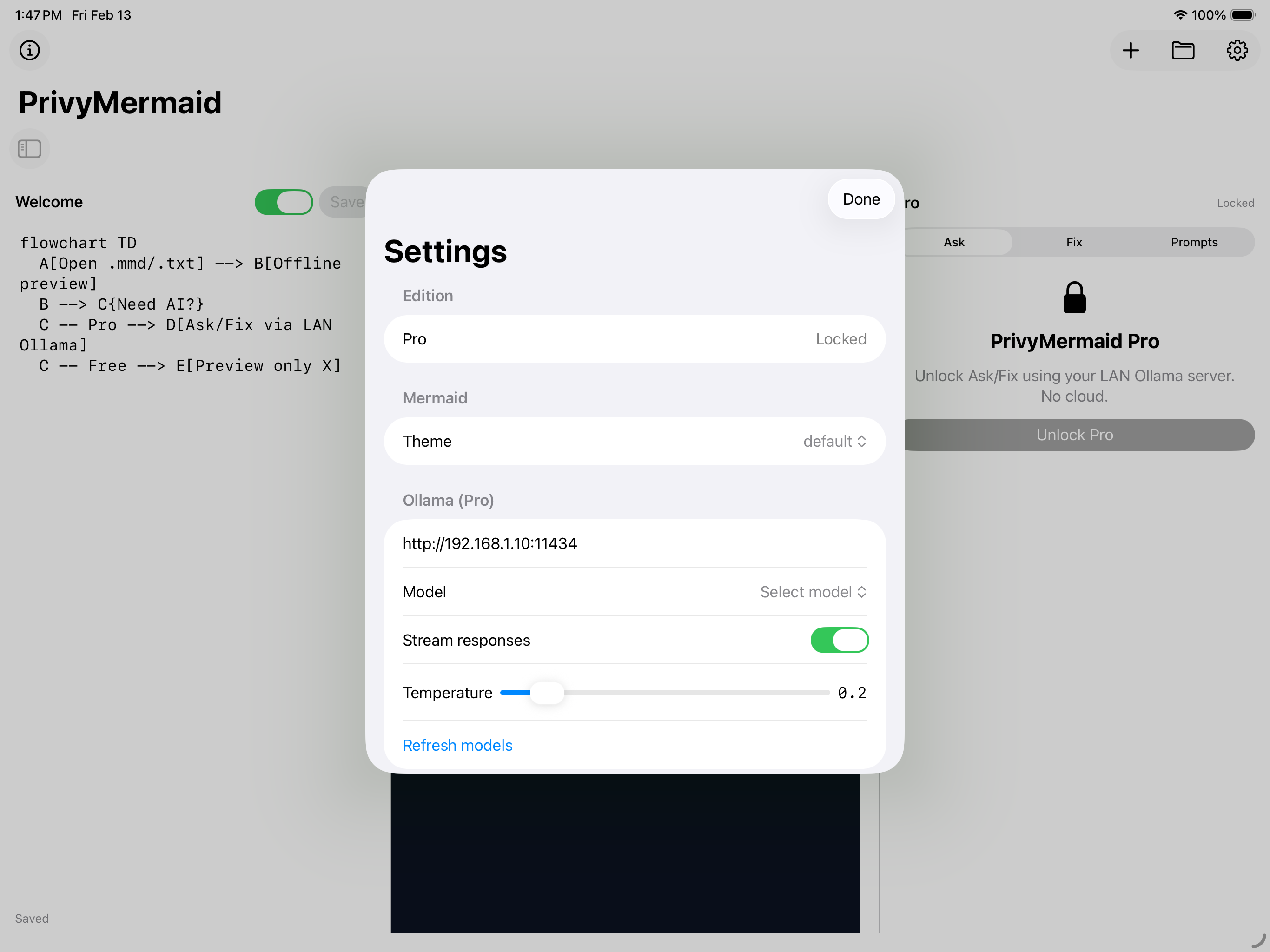 PrivyMermaid iPad - Settings & Ollama Configuration