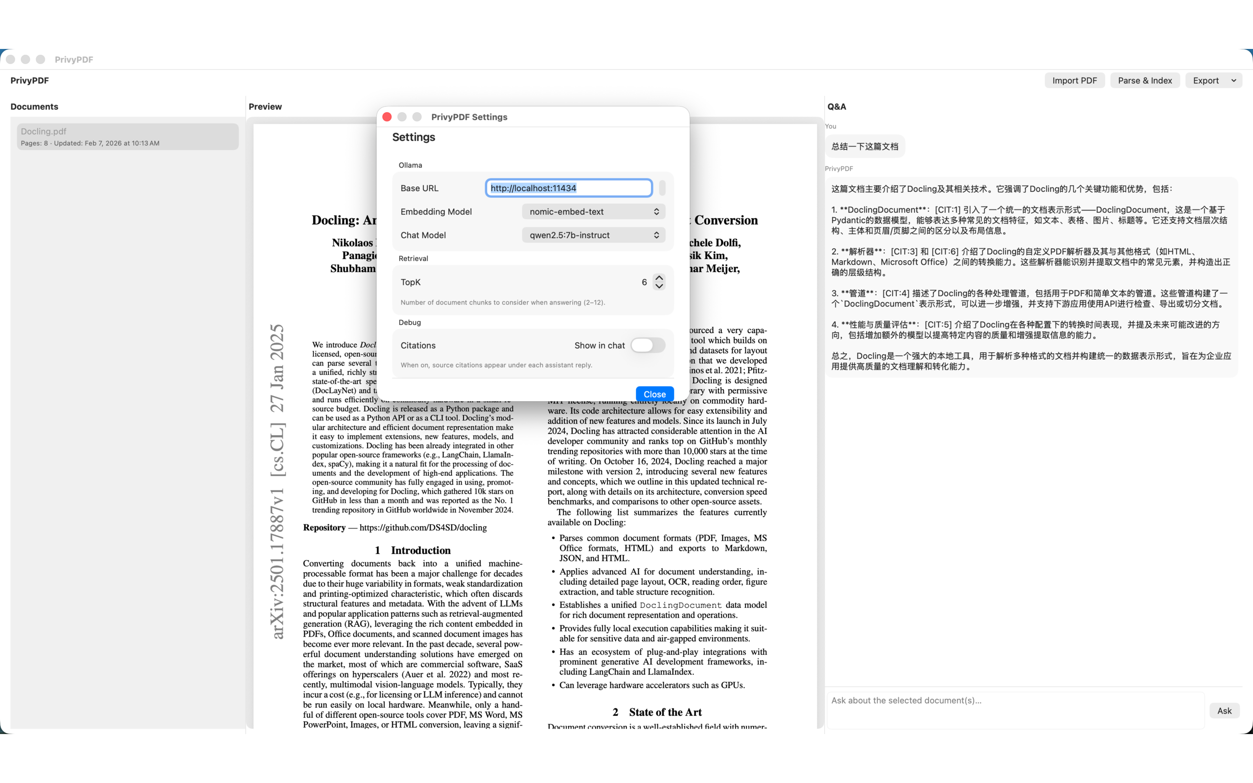PrivyPDF Settings - Ollama Model Configuration